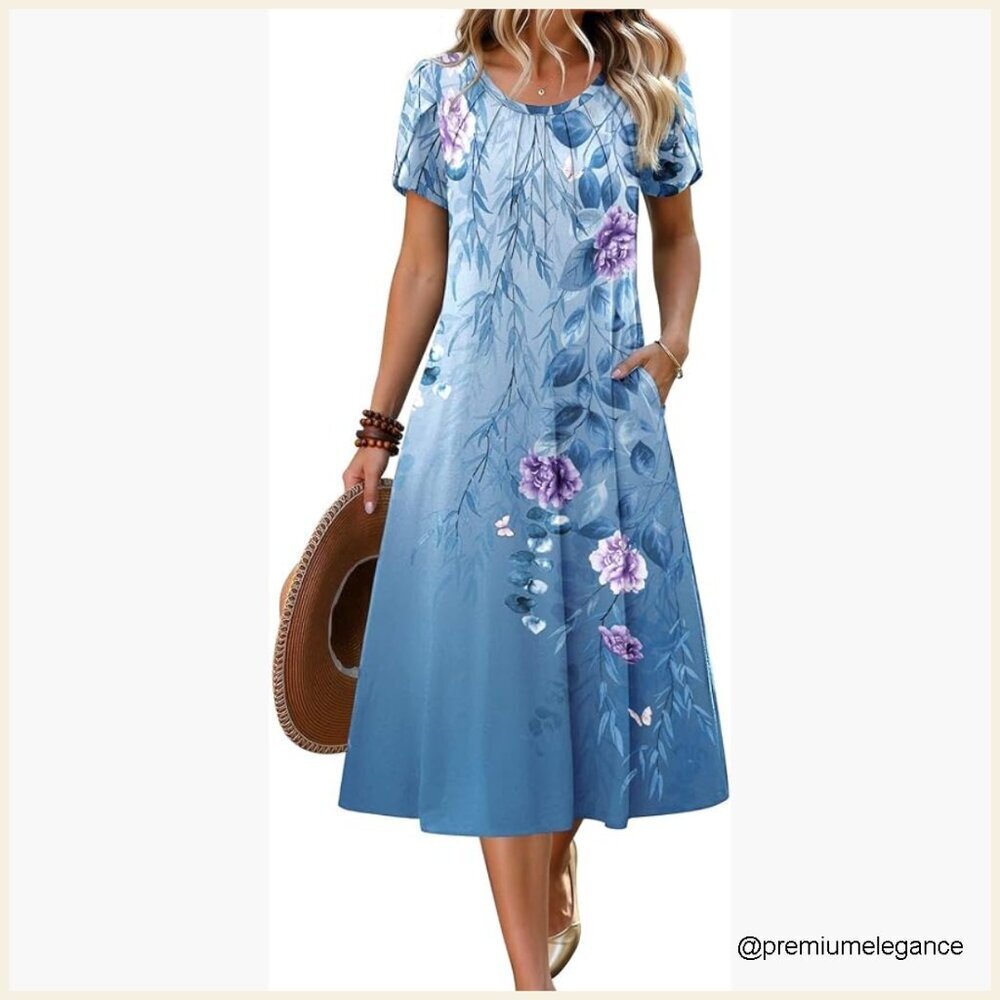 Pleated Midi Dress with Petal Sleeves, A-Line Casual Summer Boho Sundress
